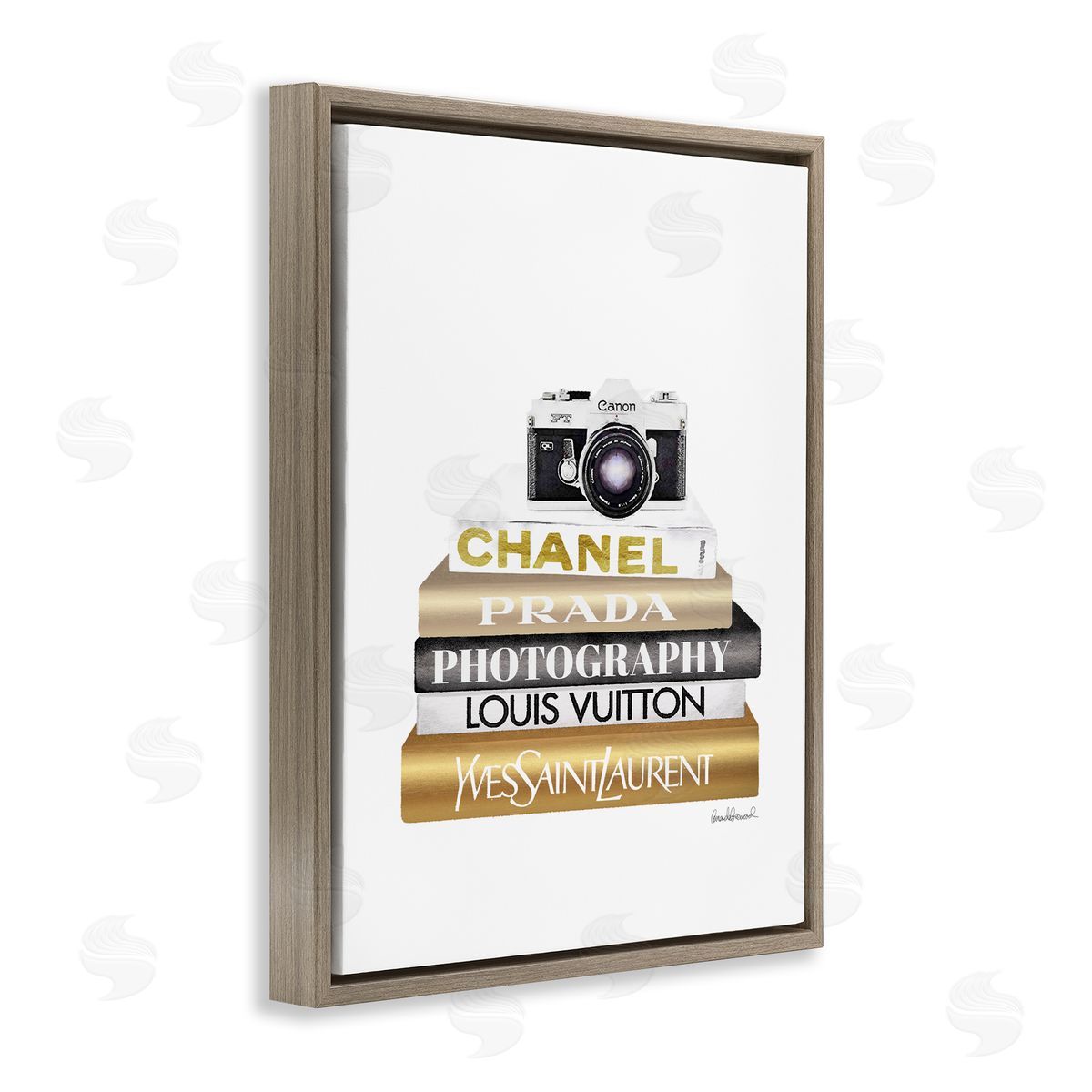 Camera Gold Black Bookstack Brown Floating Frame Canvas Wall Art, Home Decor by Amanda Greenwood