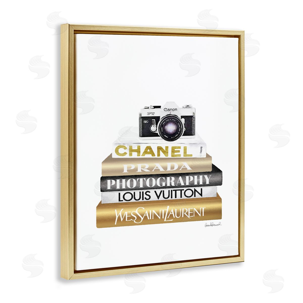 Camera Gold Black Bookstack Gold Floating Frame Canvas Wall Art, Home Decor by Amanda Greenwood