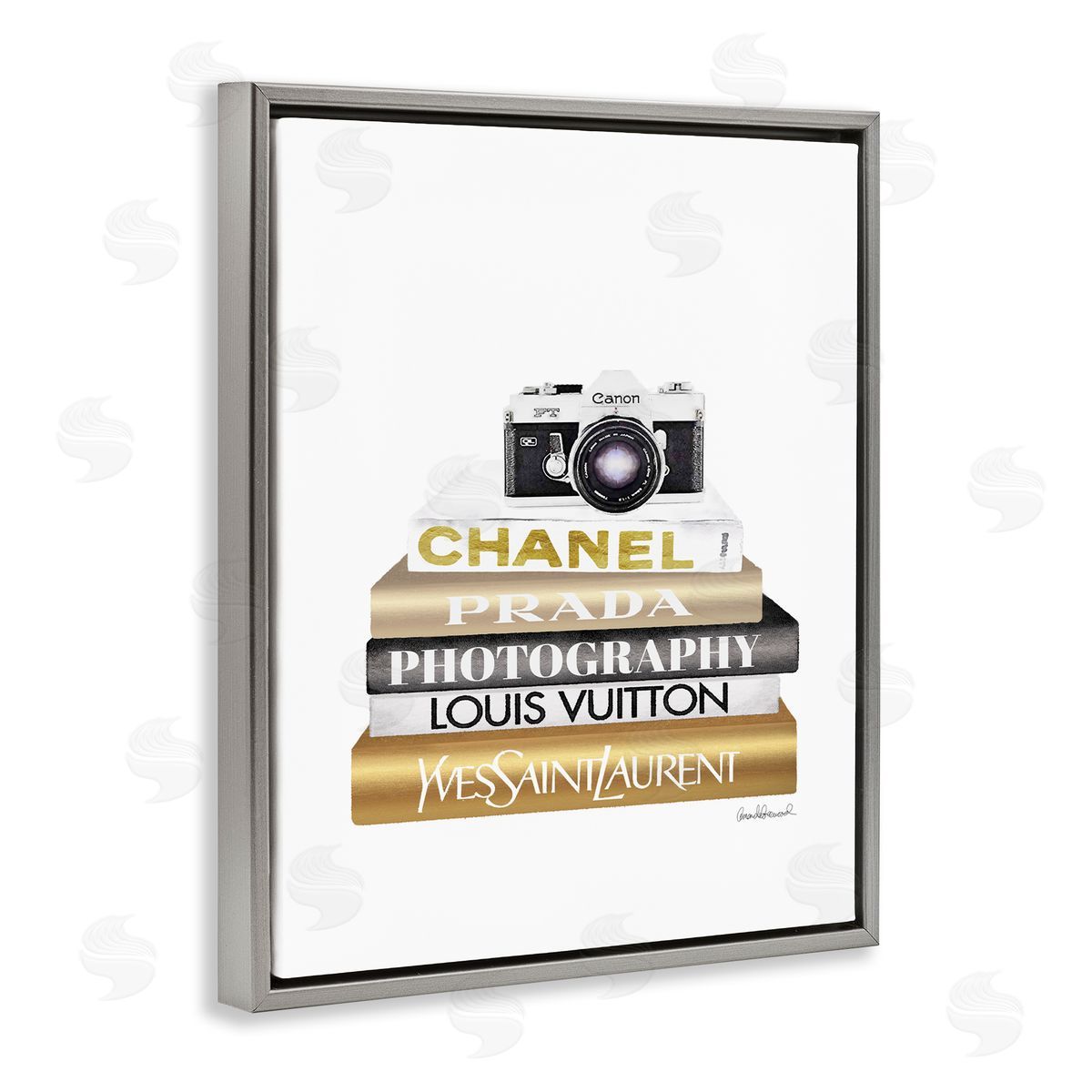Camera Gold Black Bookstack Grey Floating Frame Canvas Wall Art, Home Decor by Amanda Greenwood