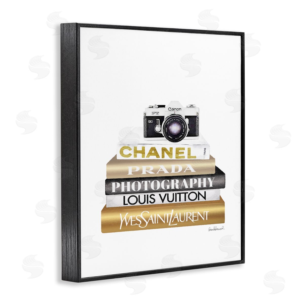 Camera Gold Black Bookstack Black Frame Print Wall Art, Home Decor by Amanda Greenwood