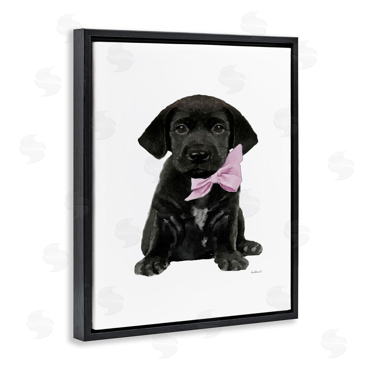Black Puppy Pink Bow Black Floating Frame Canvas Wall Art, Home Decor by Amanda Greenwood