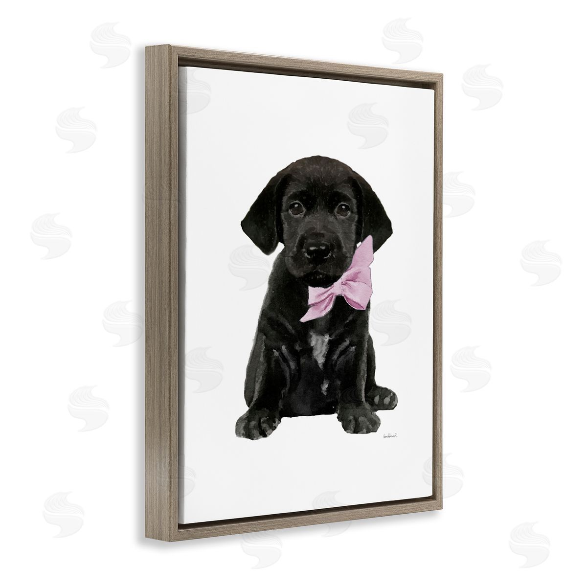 Black Puppy Pink Bow Brown Floating Frame Canvas Wall Art, Home Decor by Amanda Greenwood
