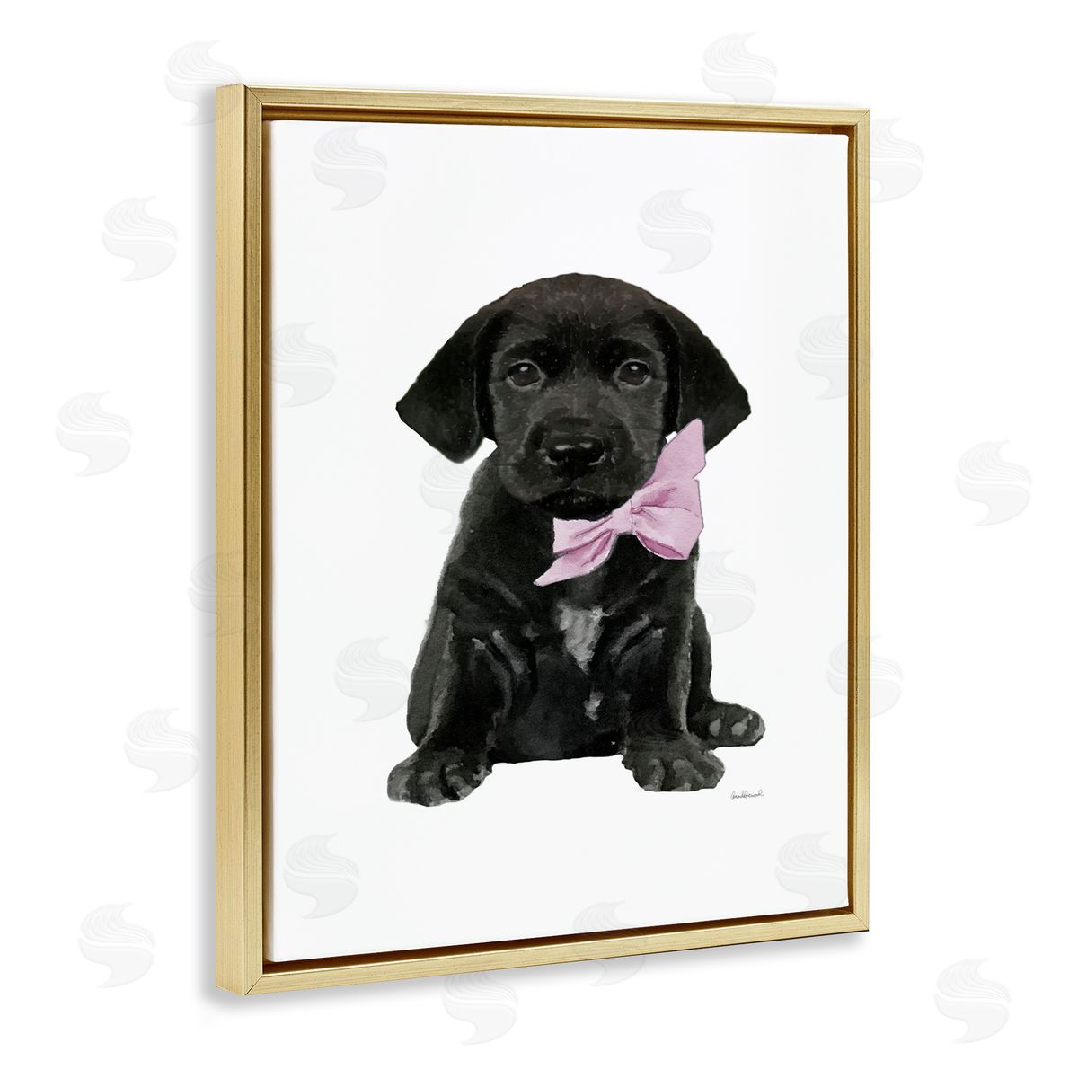 Black Puppy Pink Bow Gold Floating Frame Canvas Wall Art, Home Decor by Amanda Greenwood