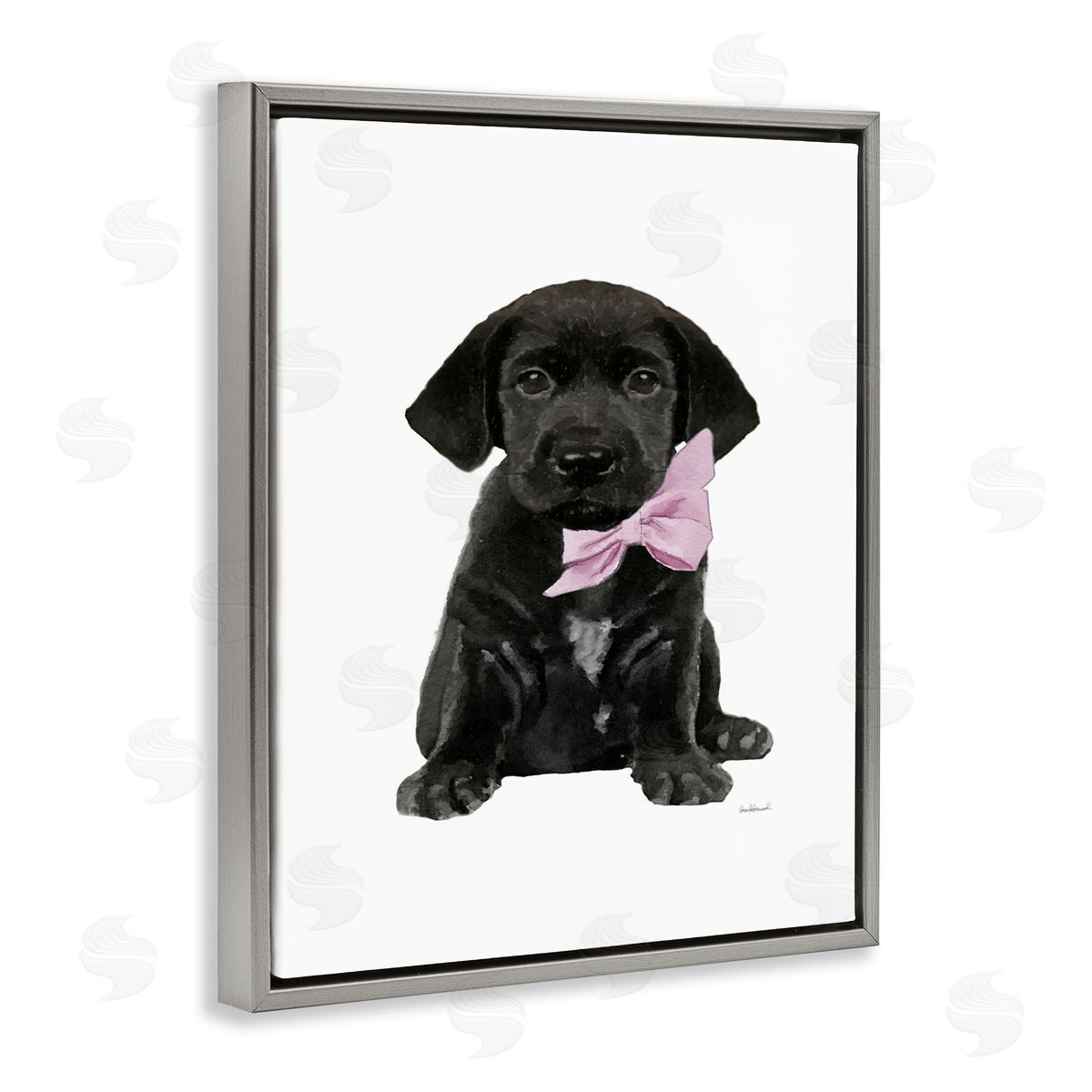 Black Puppy Pink Bow Grey Floating Frame Canvas Wall Art, Home Decor by Amanda Greenwood