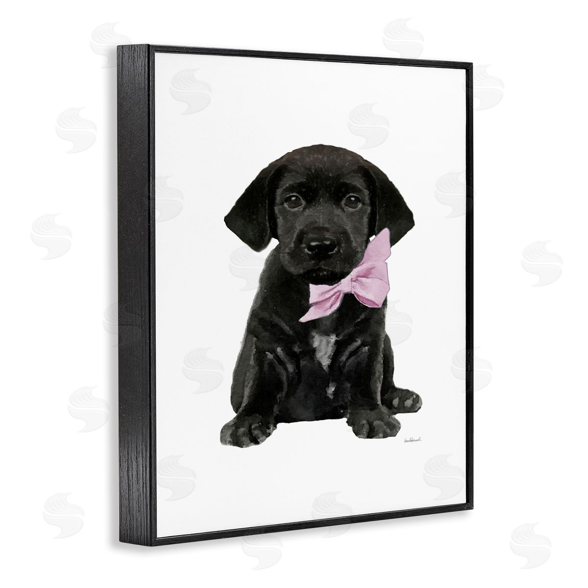 Black Puppy Pink Bow Black Frame Print Wall Art, Home Decor by Amanda Greenwood
