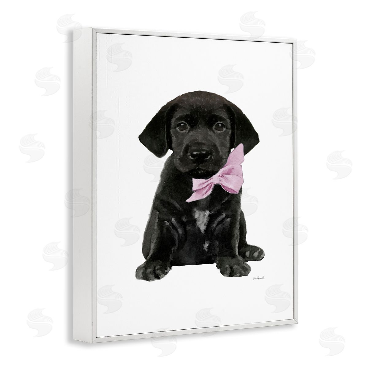 Black Puppy Pink Bow White Frame Print Wall Art, Home Decor by Amanda Greenwood