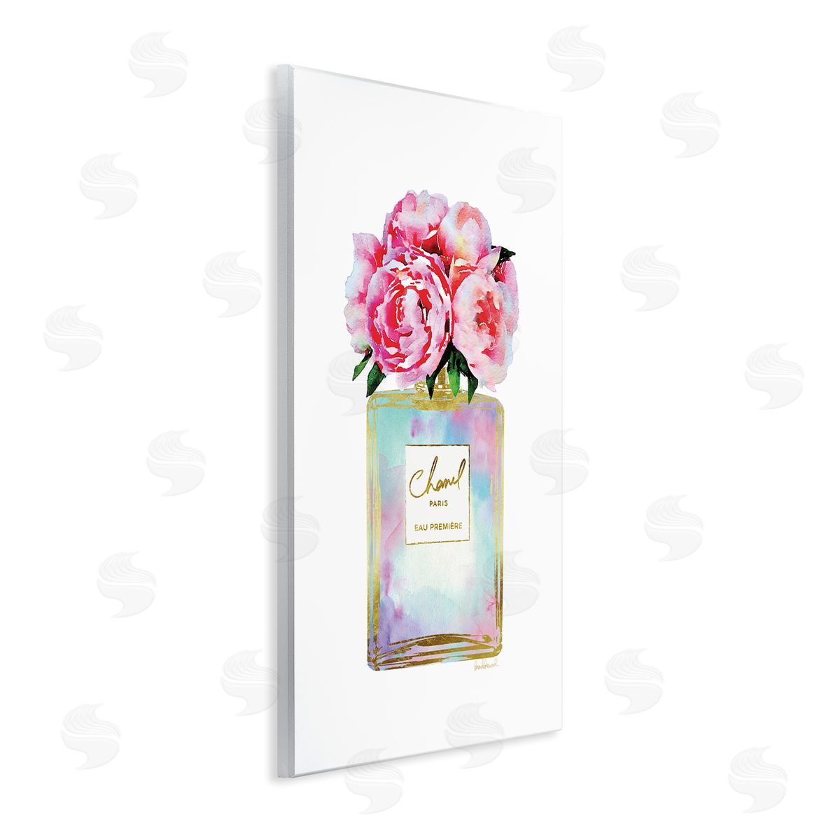 Pink Gold Flower Perfume Fashion Wood Plaque Wall Art, Home Decor by Amanda Greenwood