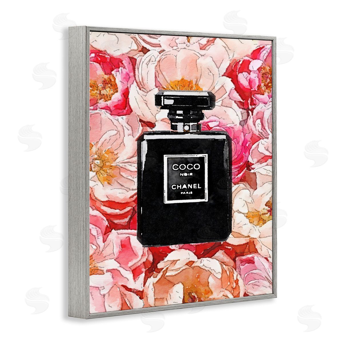 Black Perfume Pink Flowers Grey Frame Print Wall Art, Home Decor by Amanda Greenwood