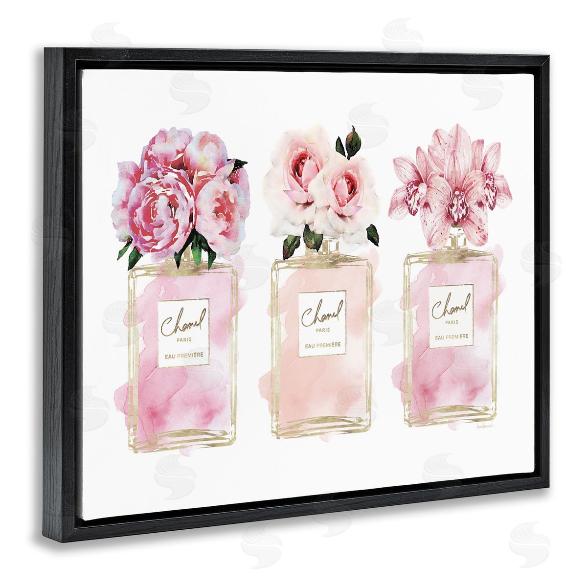 Pink Flowers & Perfumes Glam Fashion Black Floating Frame Canvas Wall Art, Home Decor by Amanda Greenwood