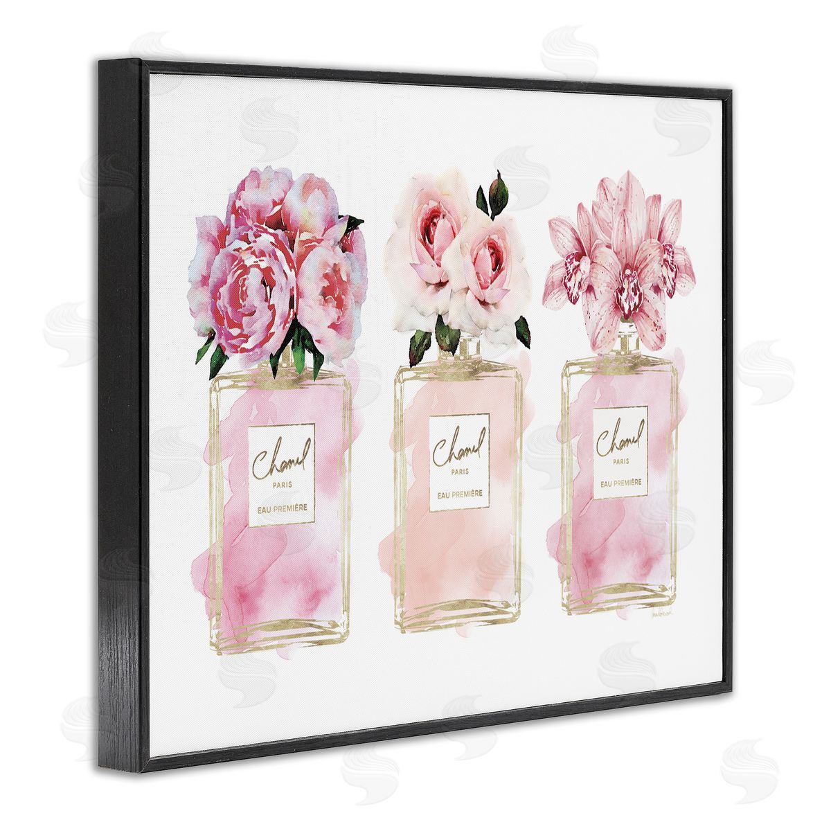Pink Flowers & Perfumes Glam Fashion Black Frame Print Wall Art, Home Decor by Amanda Greenwood