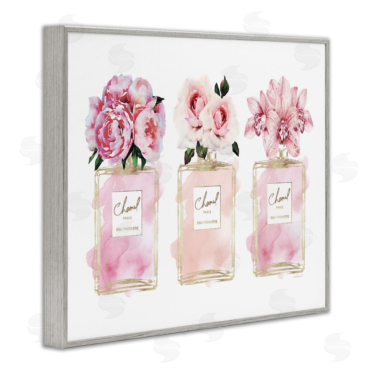 Pink Flowers & Perfumes Glam Fashion Grey Frame Print Wall Art, Home Decor by Amanda Greenwood