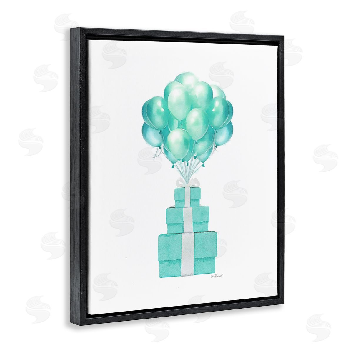 Blue Balloons & Presents Black Floating Frame Canvas Wall Art, Home Decor by Amanda Greenwood