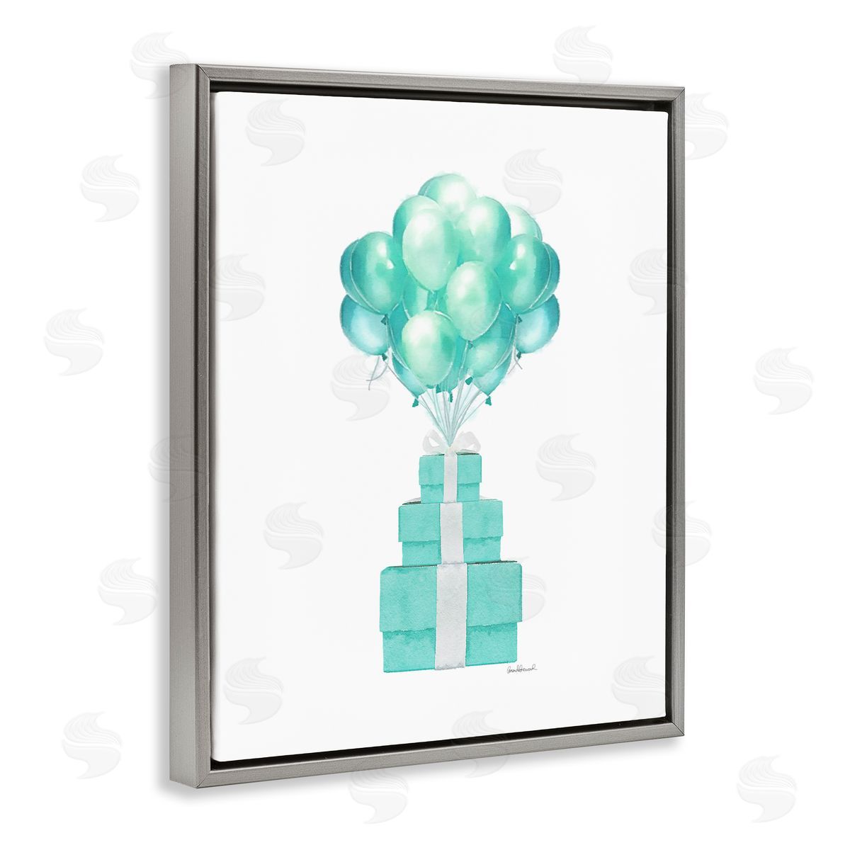 Blue Balloons & Presents Grey Floating Frame Canvas Wall Art, Home Decor by Amanda Greenwood