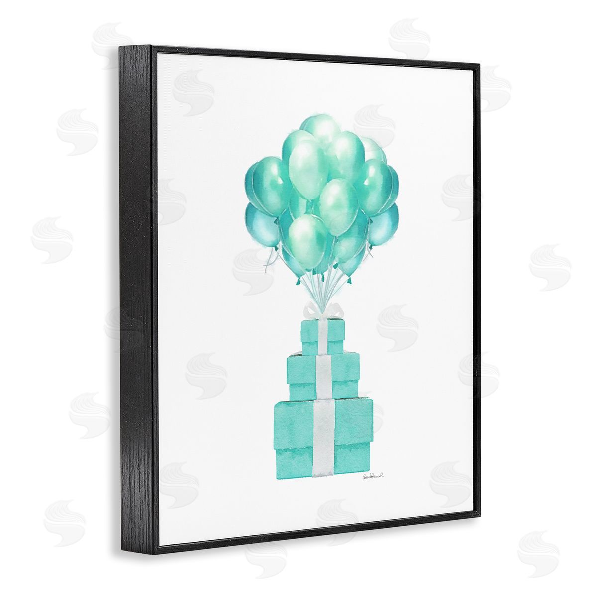 Blue Balloons & Presents Black Frame Print Wall Art, Home Decor by Amanda Greenwood