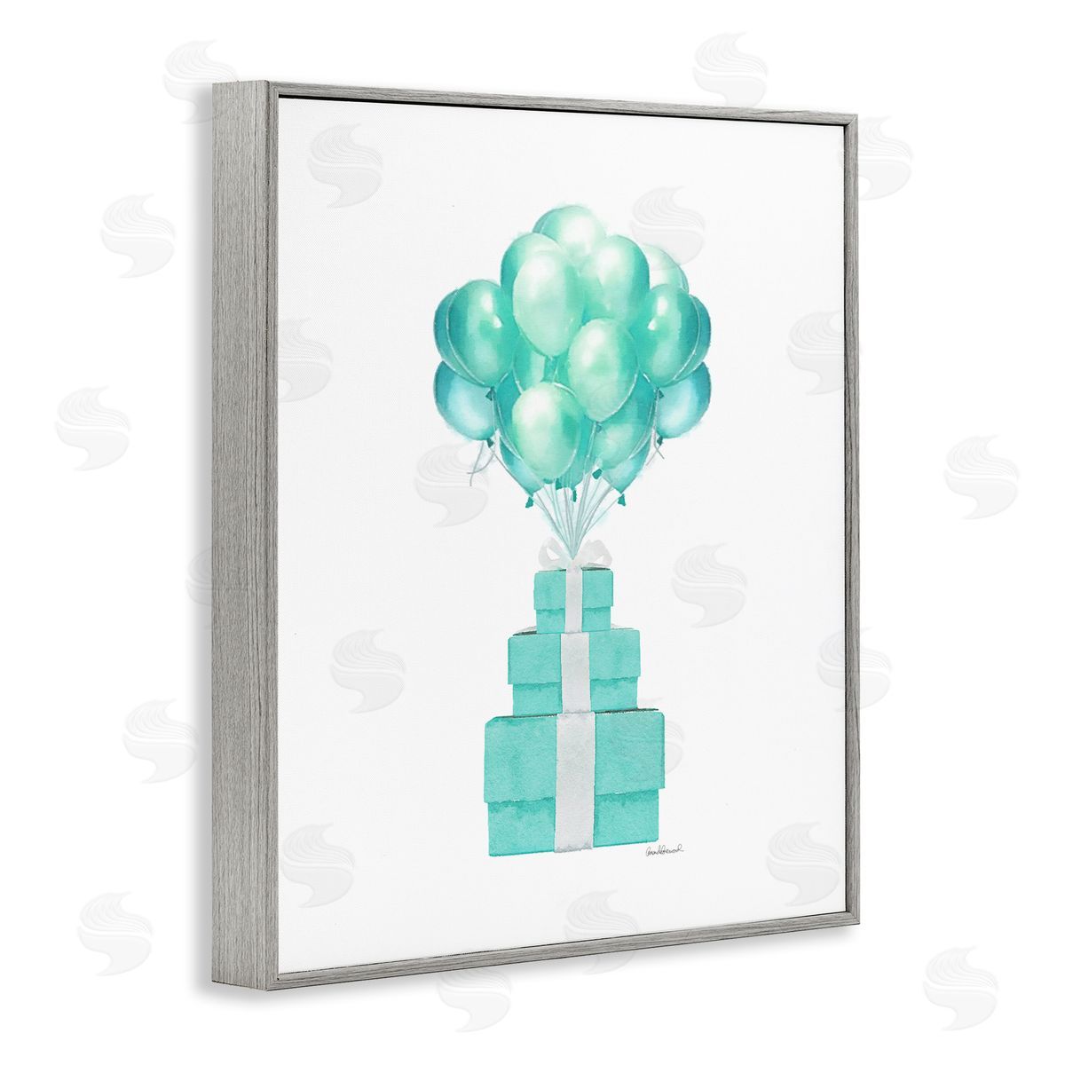 Blue Balloons & Presents Grey Frame Print Wall Art, Home Decor by Amanda Greenwood