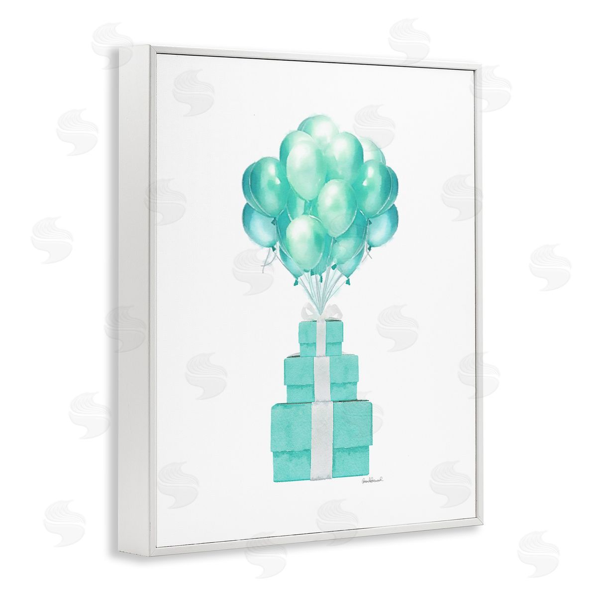 Blue Balloons & Presents White Frame Print Wall Art, Home Decor by Amanda Greenwood