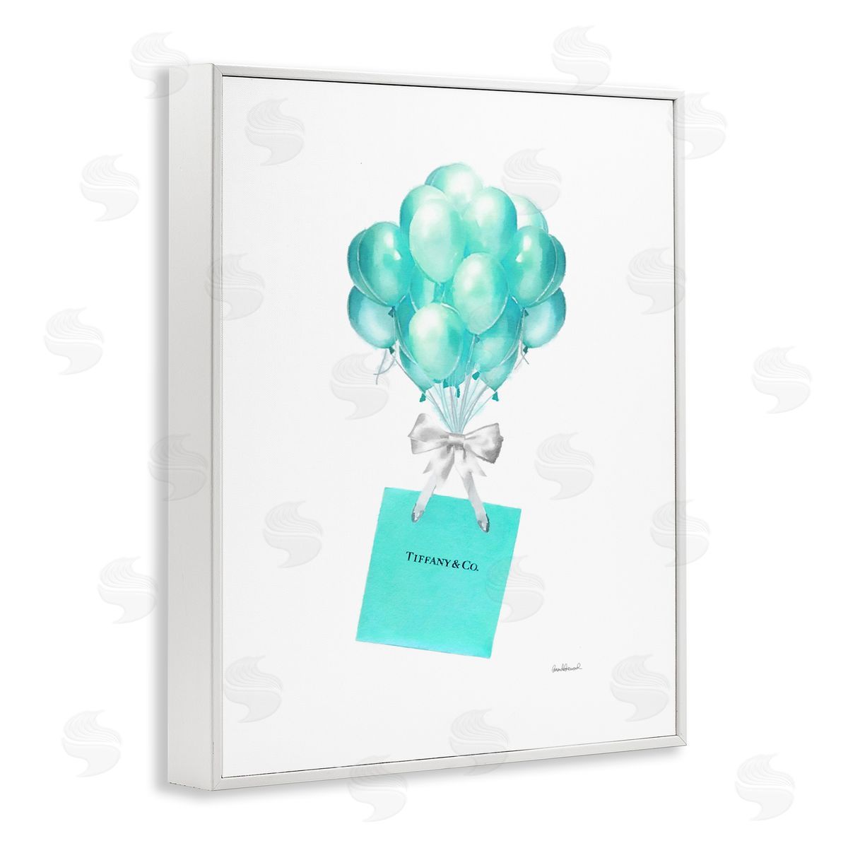 Blue Balloons & Gift Bag Glam White Frame Print Wall Art, Home Decor by Amanda Greenwood