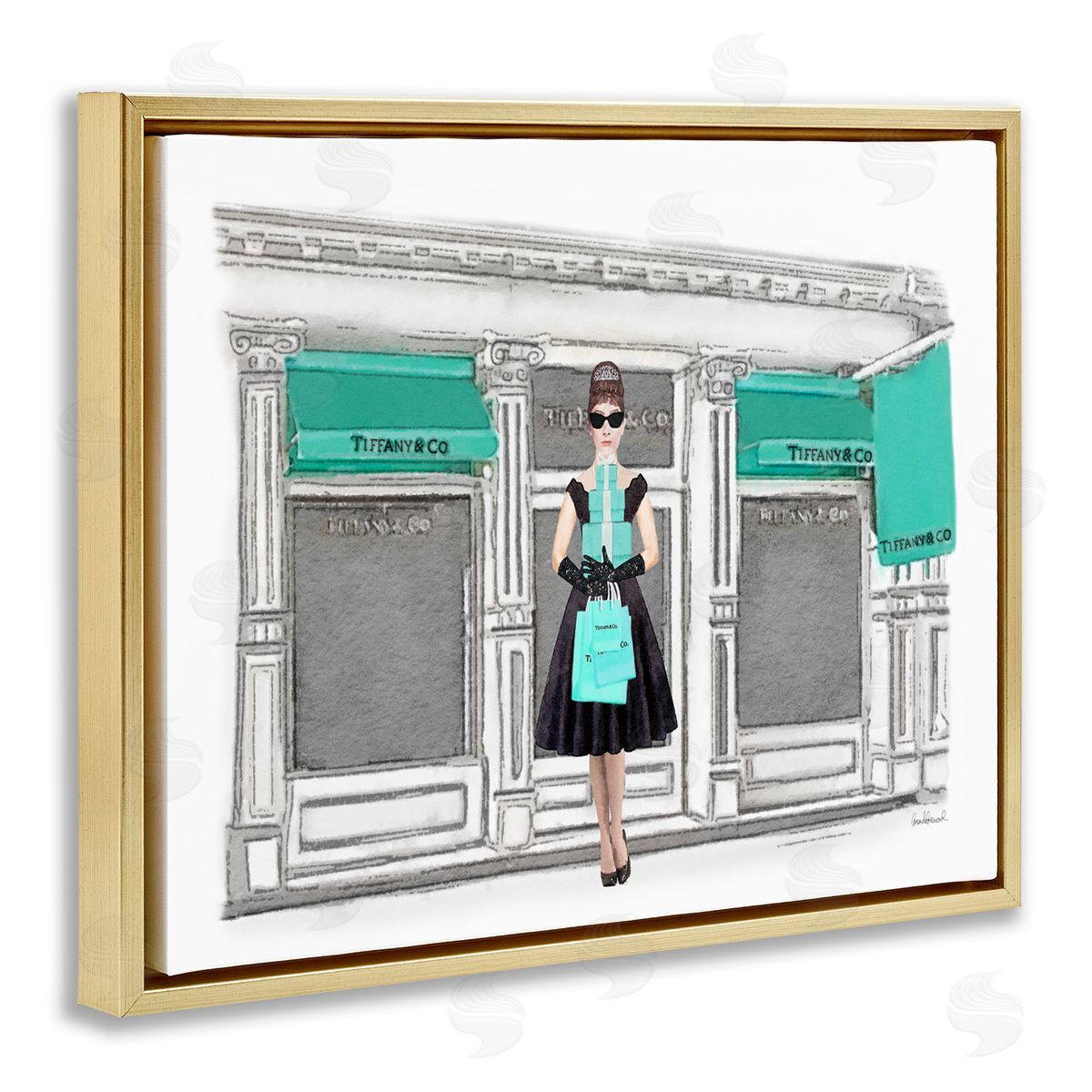 Glam Building Woman Shopper Gold Floating Frame Canvas Wall Art, Home Decor by Amanda Greenwood