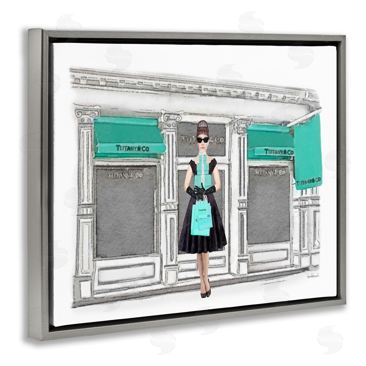 Glam Building Woman Shopper Grey Floating Frame Canvas Wall Art, Home Decor by Amanda Greenwood