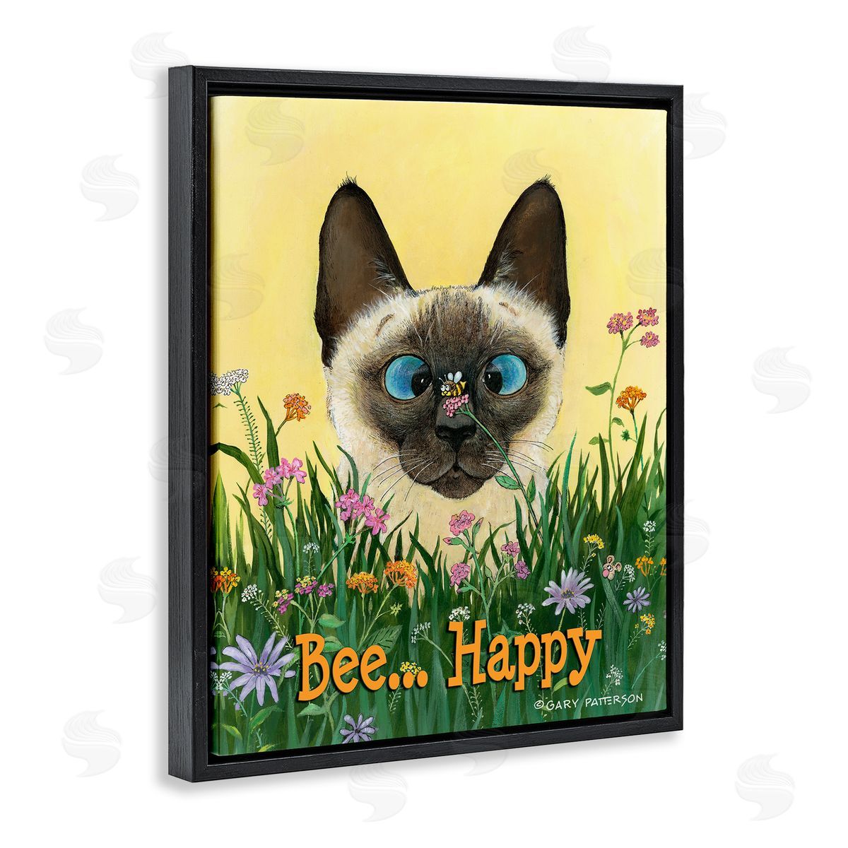 Bee Happy Funny Cat Pet Black Floating Frame Canvas Wall Art, Home Decor by Gary Patterson