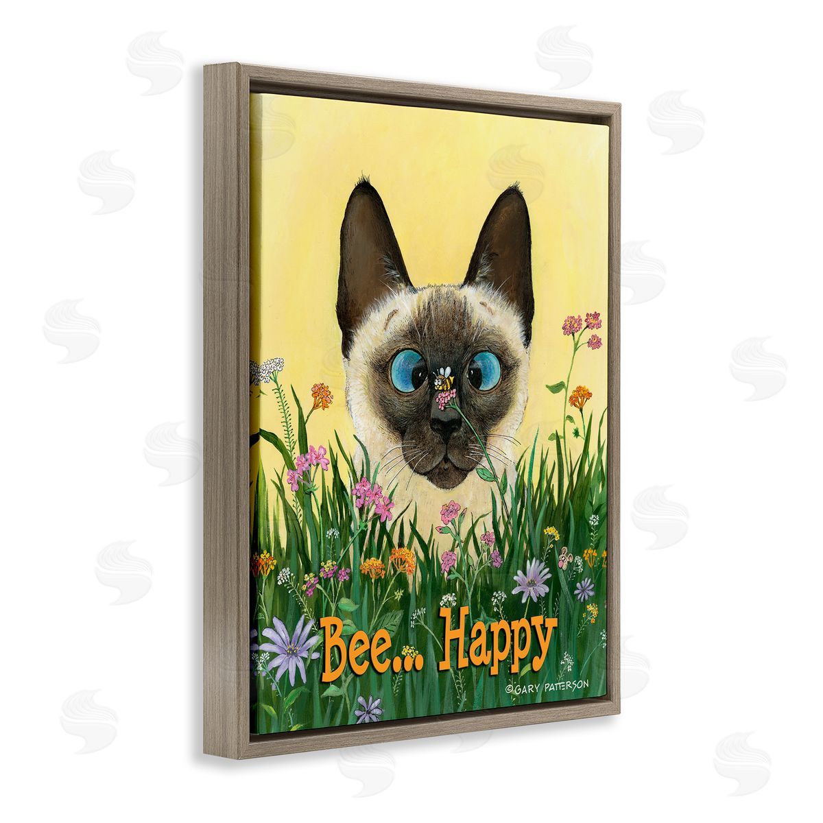 Bee Happy Funny Cat Pet Brown Floating Frame Canvas Wall Art, Home Decor by Gary Patterson
