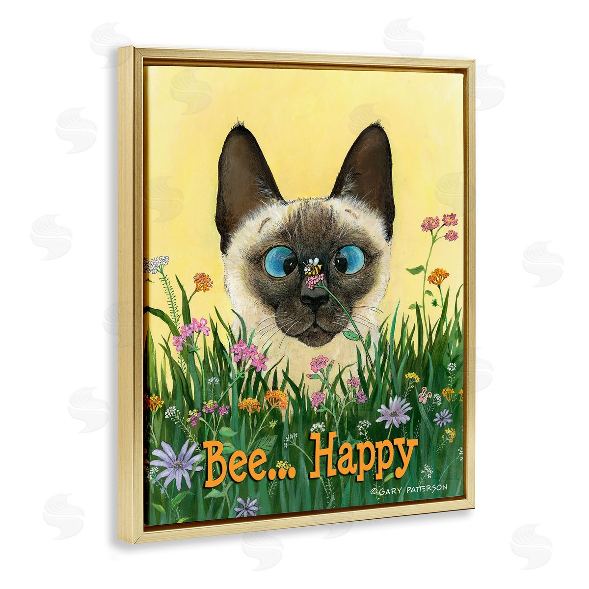 Bee Happy Funny Cat Pet Gold Floating Frame Canvas Wall Art, Home Decor by Gary Patterson