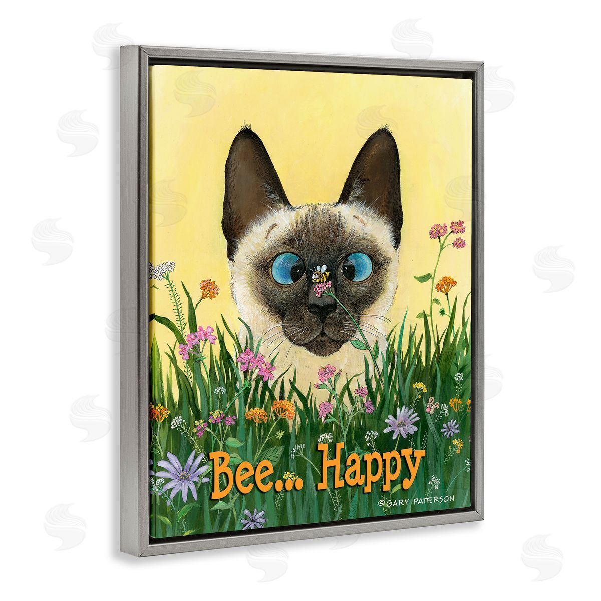 Bee Happy Funny Cat Pet Grey Floating Frame Canvas Wall Art, Home Decor by Gary Patterson