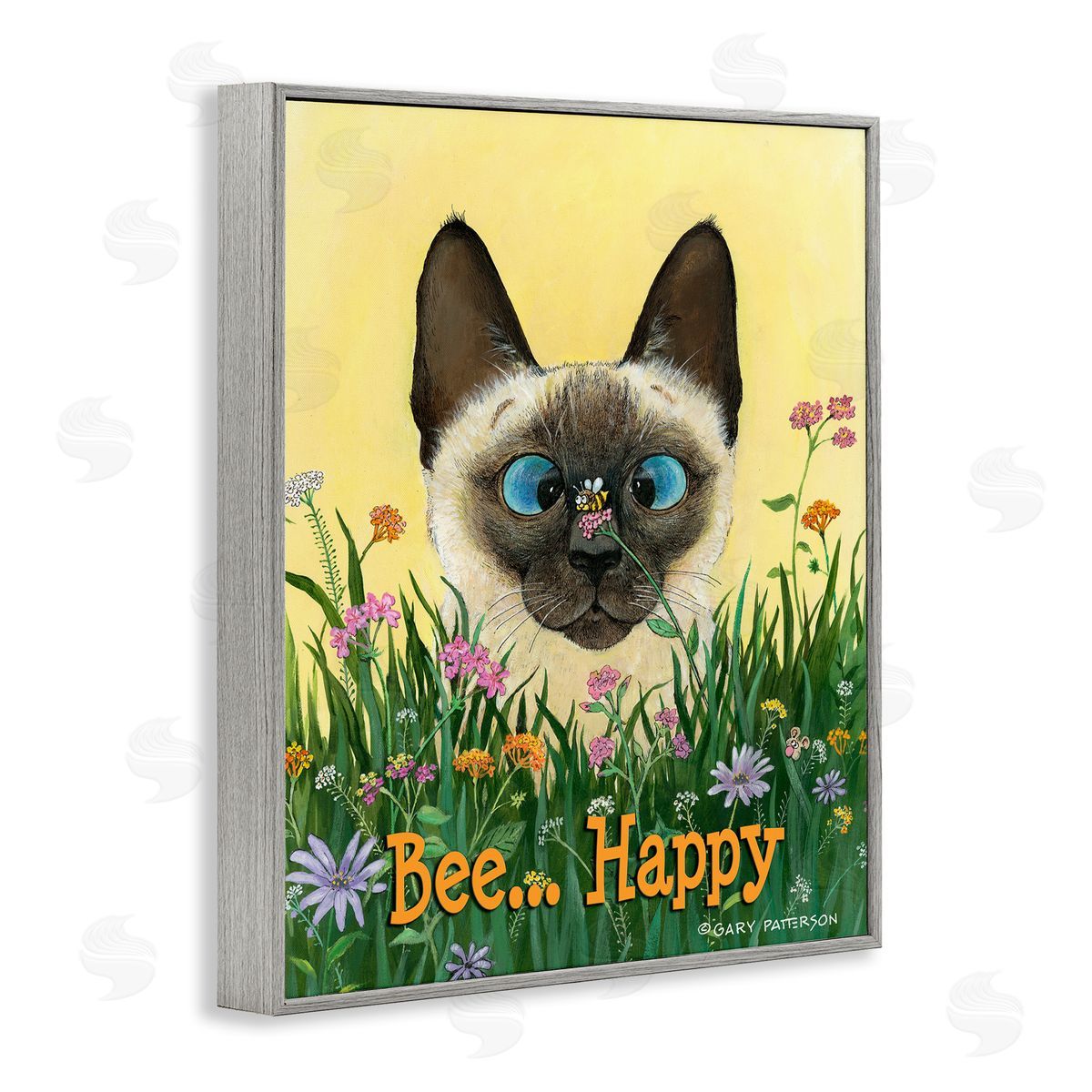 Bee Happy Funny Cat Pet Grey Frame Print Wall Art, Home Decor by Gary Patterson