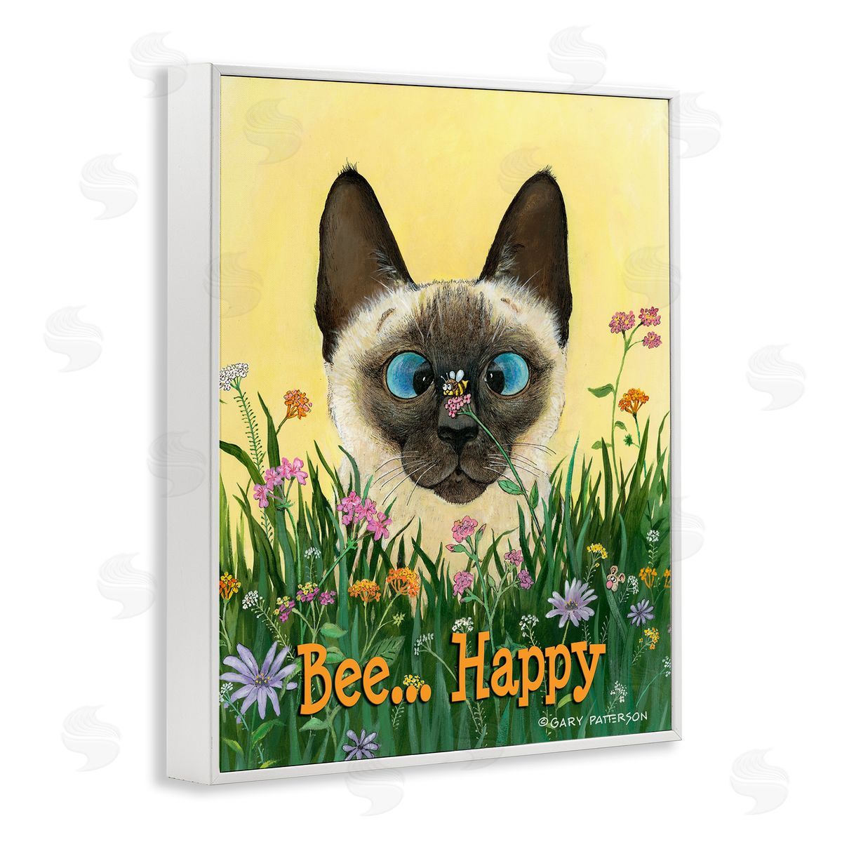 Bee Happy Funny Cat Pet White Frame Print Wall Art, Home Decor by Gary Patterson