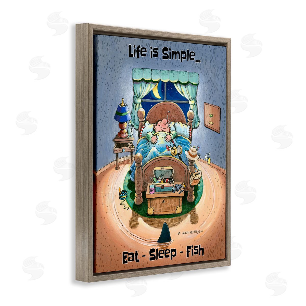 Eat Sleep Fish Funny Sports Brown Floating Frame Canvas Wall Art, Home Decor by Gary Patterson