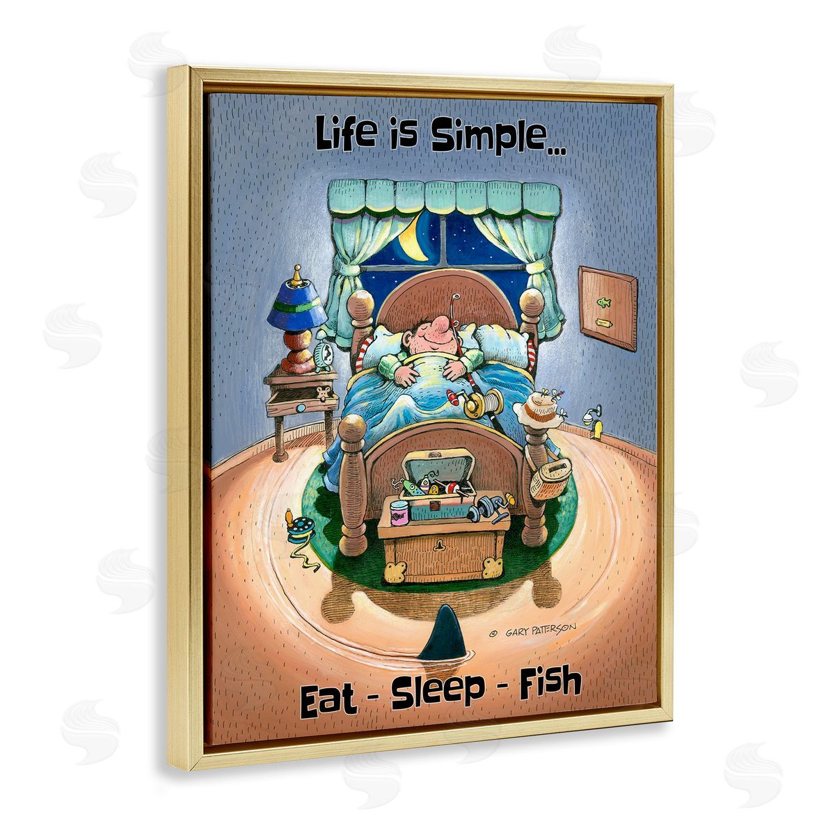Eat Sleep Fish Funny Sports Gold Floating Frame Canvas Wall Art, Home Decor by Gary Patterson