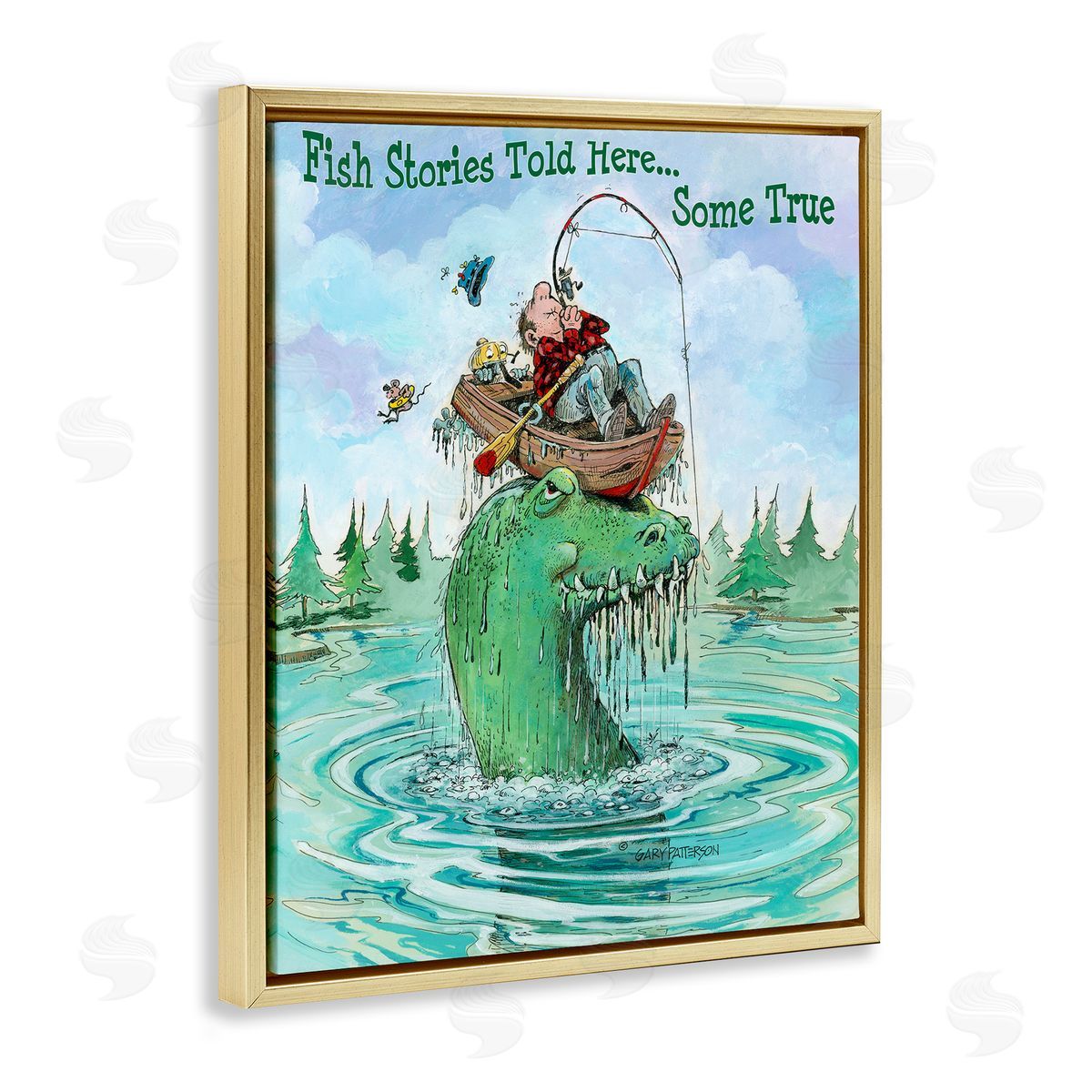 Fishing Stories Told Here Funny Gold Floating Frame Canvas Wall Art, Home Decor by Gary Patterson