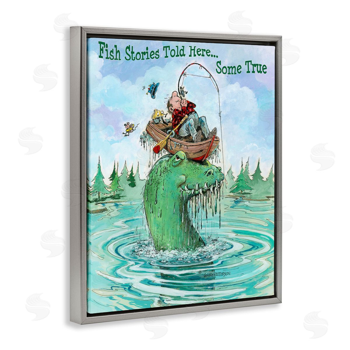 Fishing Stories Told Here Funny Grey Floating Frame Canvas Wall Art, Home Decor by Gary Patterson