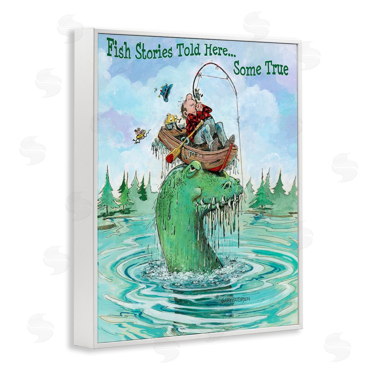 Fishing Stories Told Here Funny White Frame Print Wall Art, Home Decor by Gary Patterson