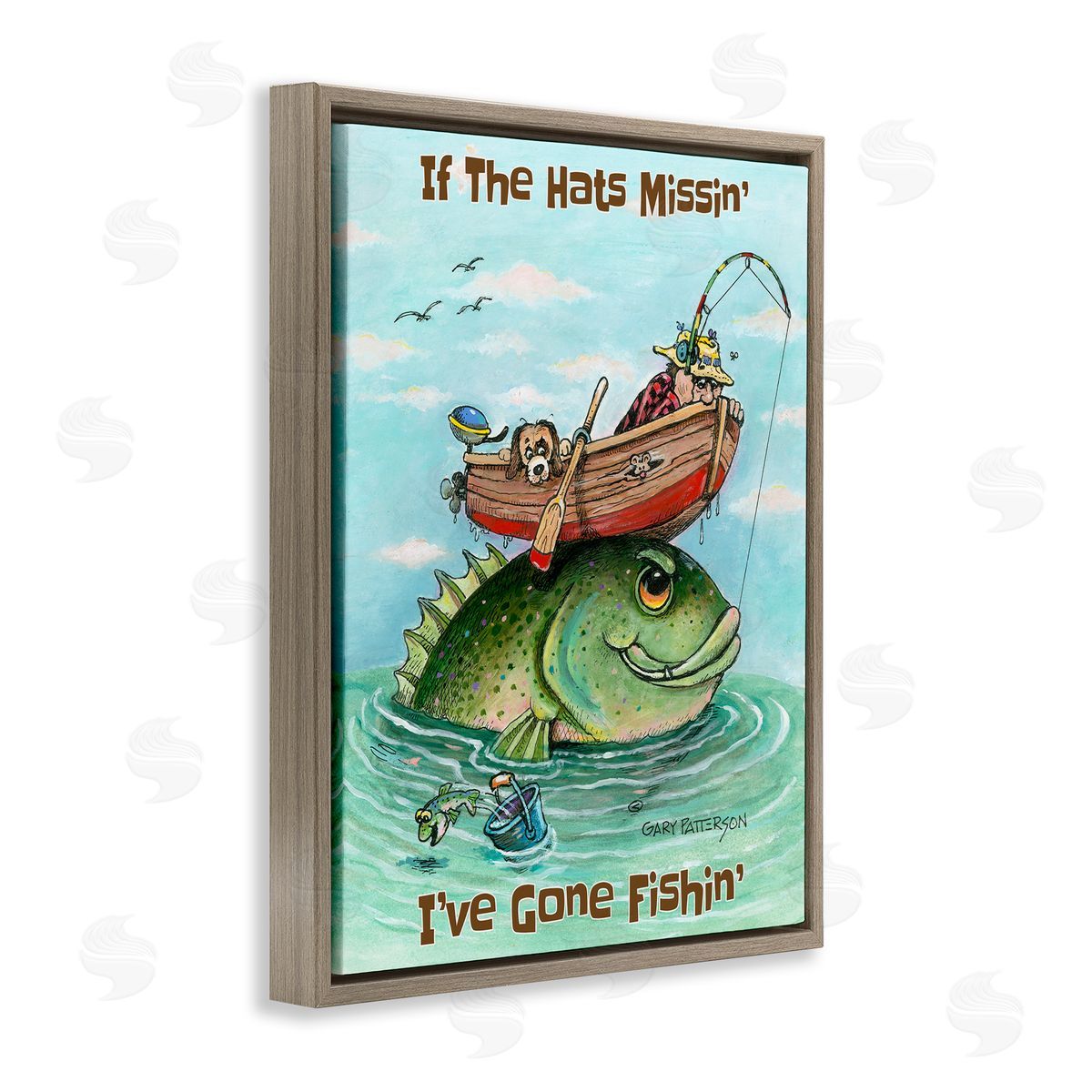 Hats Missing Gone Fishing Brown Floating Frame Canvas Wall Art, Home Decor by Gary Patterson