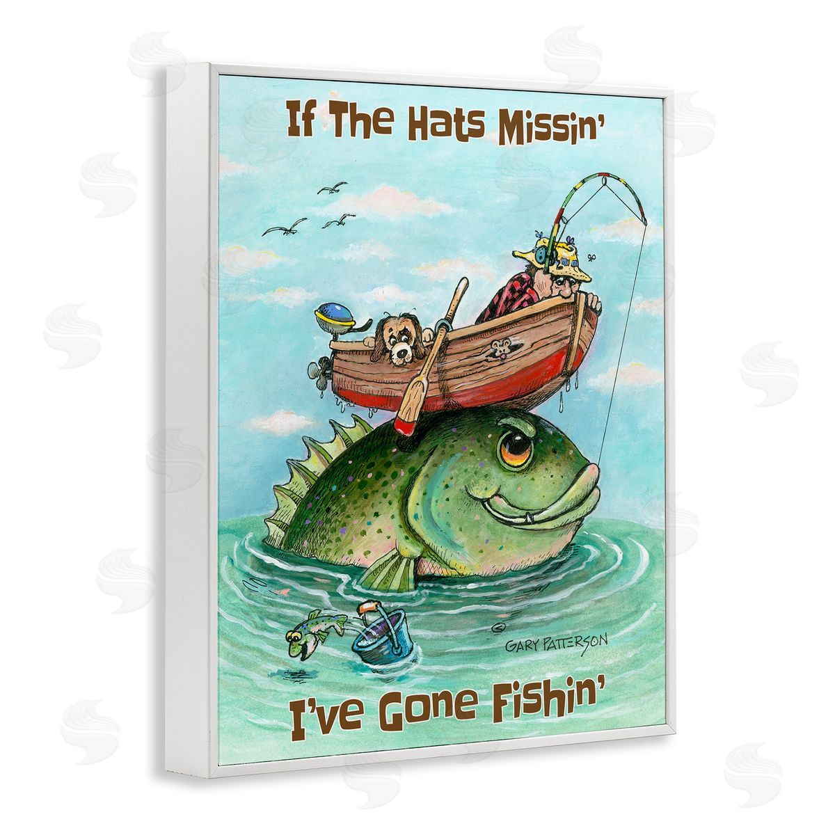 Hats Missing Gone Fishing White Frame Print Wall Art, Home Decor by Gary Patterson