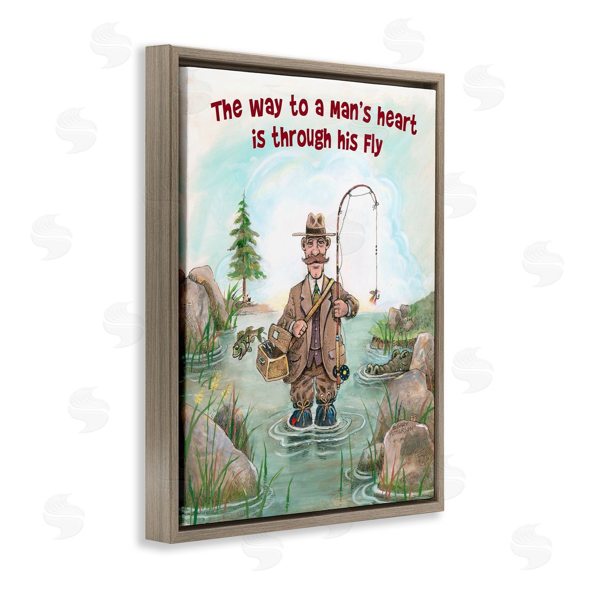 His Fly Funny Sports Fishing Brown Floating Frame Canvas Wall Art, Home Decor by Gary Patterson