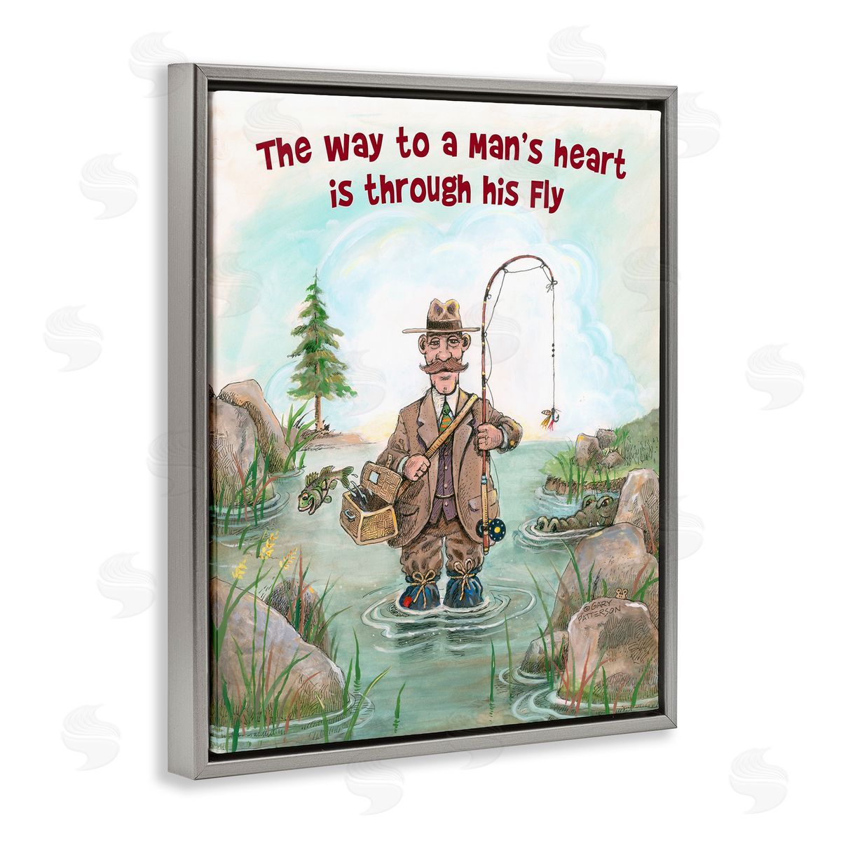 His Fly Funny Sports Fishing Grey Floating Frame Canvas Wall Art, Home Decor by Gary Patterson