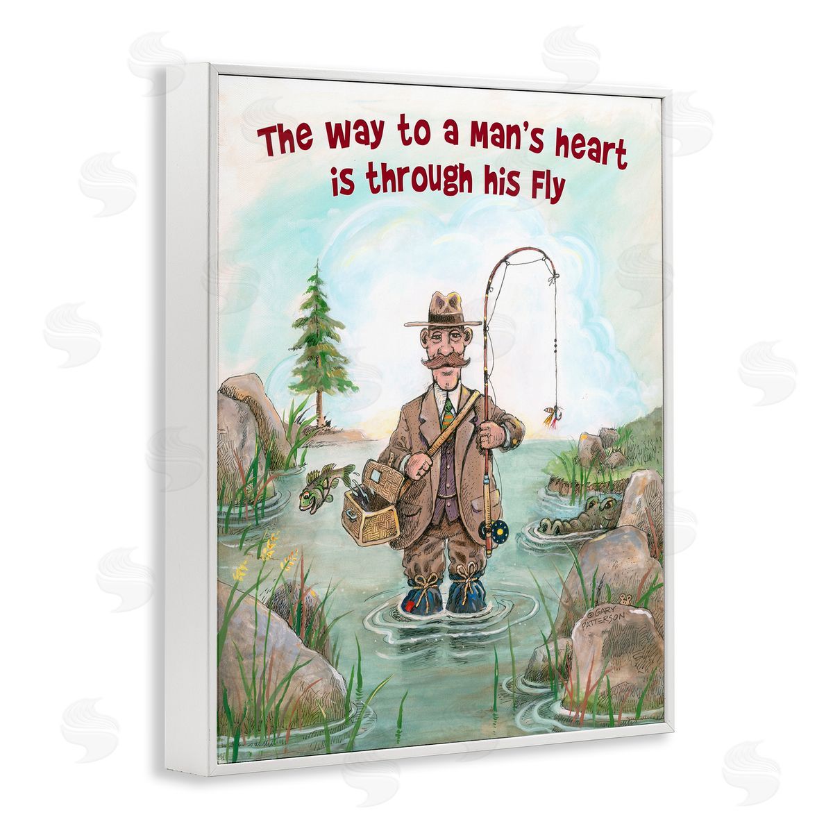 His Fly Funny Sports Fishing White Frame Print Wall Art, Home Decor by Gary Patterson