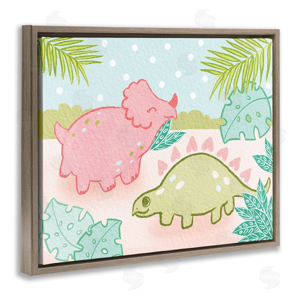 Cute Dinosaurs Pink Green Kids Brown Floating Frame Canvas Wall Art, Home Decor by Stupell Studio