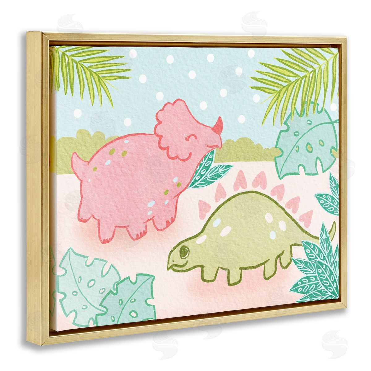 Cute Dinosaurs Pink Green Kids Gold Floating Frame Canvas Wall Art, Home Decor by Stupell Studio