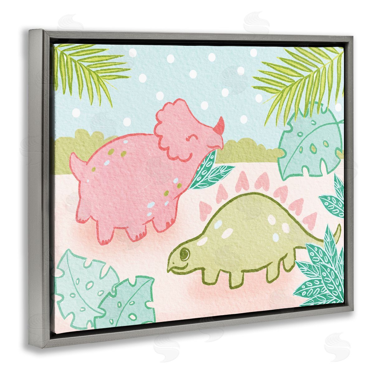Cute Dinosaurs Pink Green Kids Grey Floating Frame Canvas Wall Art, Home Decor by Stupell Studio