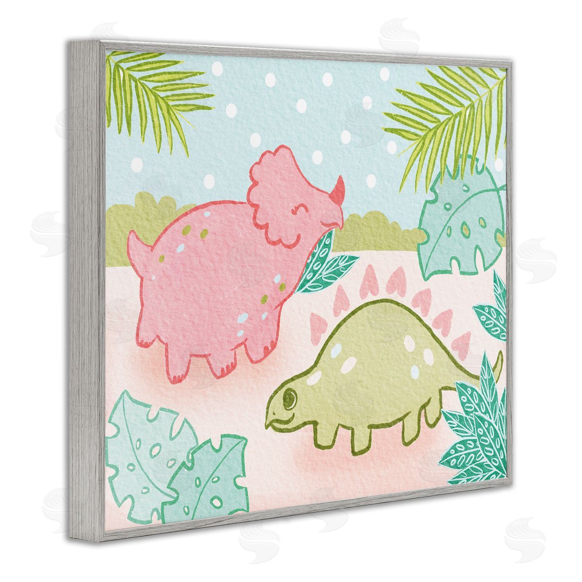 Cute Dinosaurs Pink Green Kids Grey Frame Print Wall Art, Home Decor by Stupell Studio