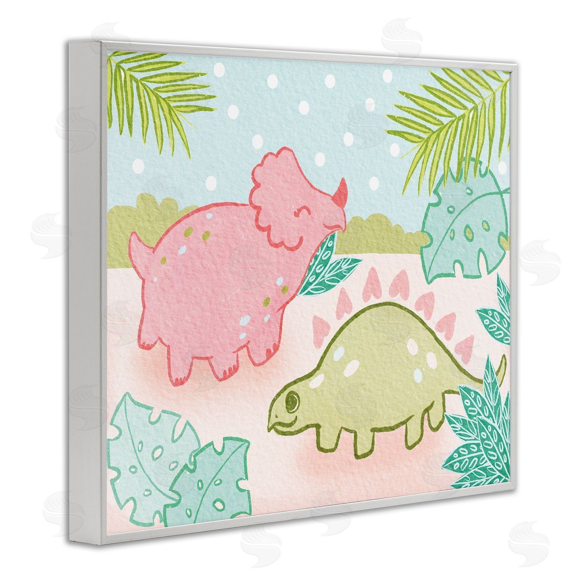 Cute Dinosaurs Pink Green Kids White Frame Print Wall Art, Home Decor by Stupell Studio