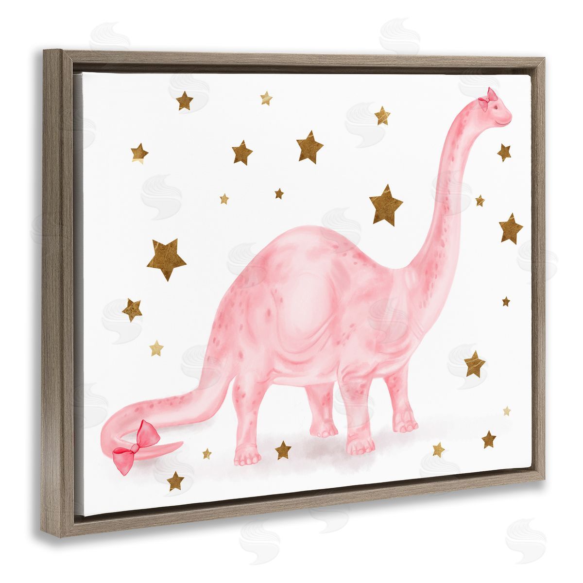 Pink Dinosaur with Gold Stars Brown Floating Frame Canvas Wall Art, Home Decor by Stupell Studio
