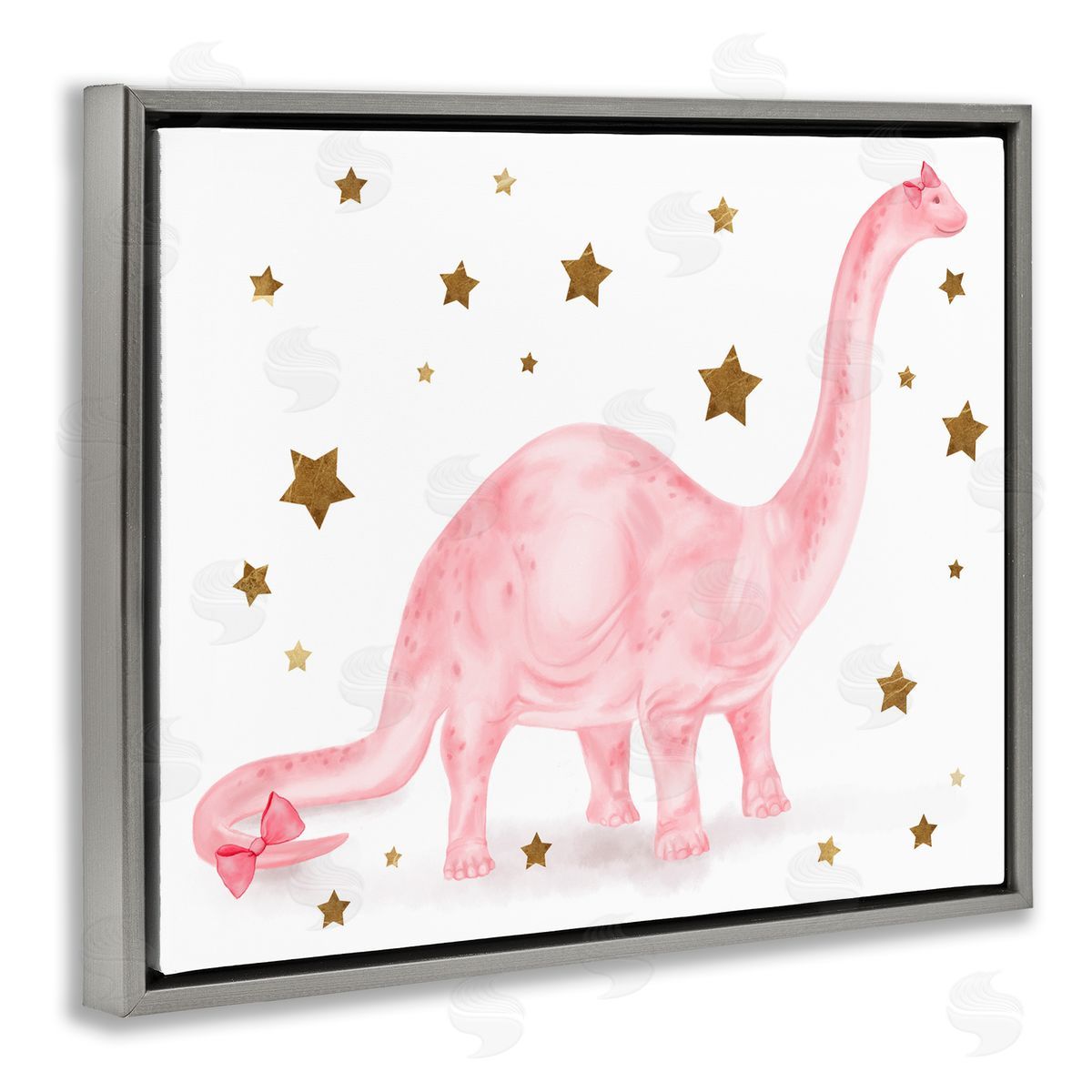 Pink Dinosaur with Gold Stars Grey Floating Frame Canvas Wall Art, Home Decor by Stupell Studio