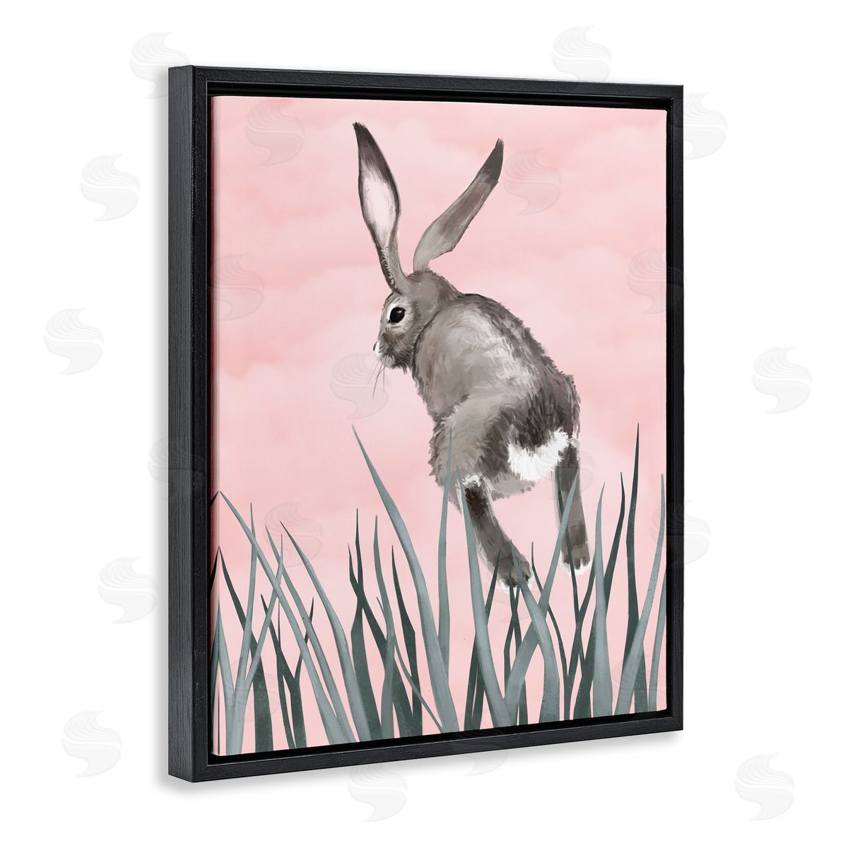Bunny Rabbit Jumping Grass Black Floating Frame Canvas Wall Art, Home Decor by Ziwei Li