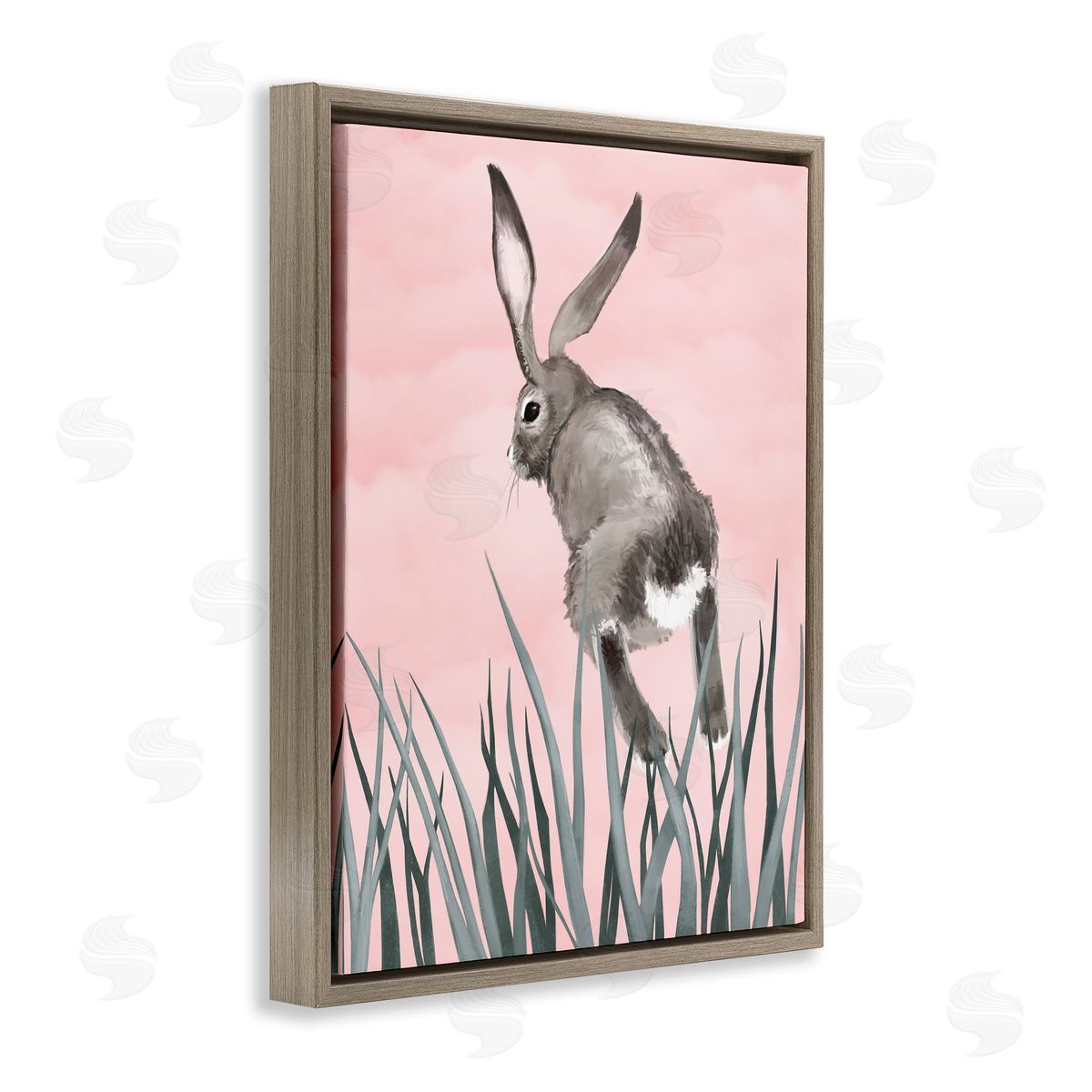 Bunny Rabbit Jumping Grass Brown Floating Frame Canvas Wall Art, Home Decor by Ziwei Li