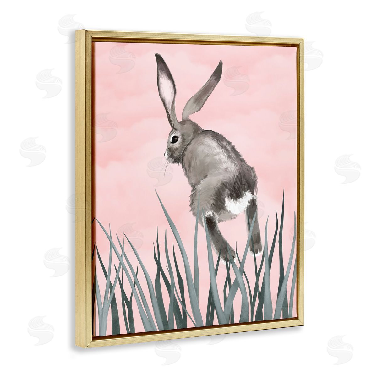 Bunny Rabbit Jumping Grass Gold Floating Frame Canvas Wall Art, Home Decor by Ziwei Li