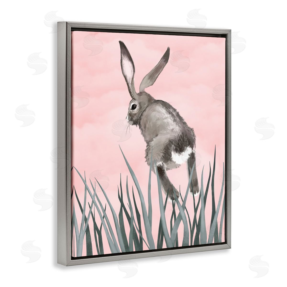 Bunny Rabbit Jumping Grass Grey Floating Frame Canvas Wall Art, Home Decor by Ziwei Li